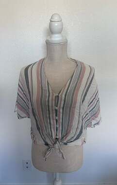 Sim & Sam Striped Tie-Front V-Neck Oversized Blouse - S